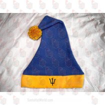 Barbados Flag Santa Hat with Trident - Blue Hat/Gold Brim with Gold Yarn Pom
